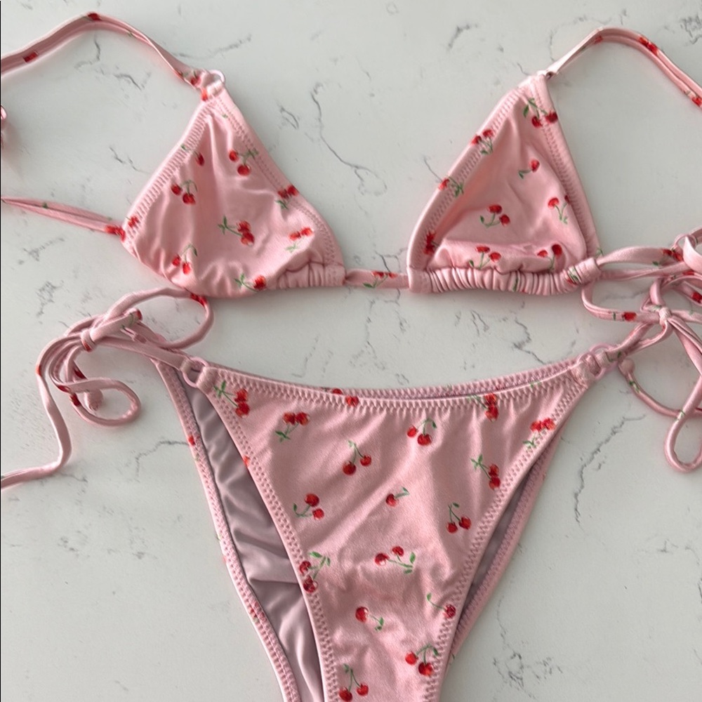 La Hearts Pink Cherry 2pc Bikini triangle  top and tie bottoms XS S CHERRIES 🍒